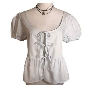 BP‎ Peplum Babydoll Puff Sleeve Tie Front Light Blue Blouse Womens M Feminine